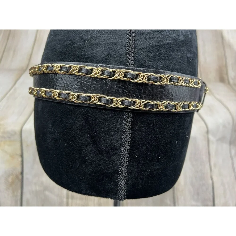 Women Faux Leather‎ Belt Double Gold Tone Chain Sz S Mob Wife Chic Statement